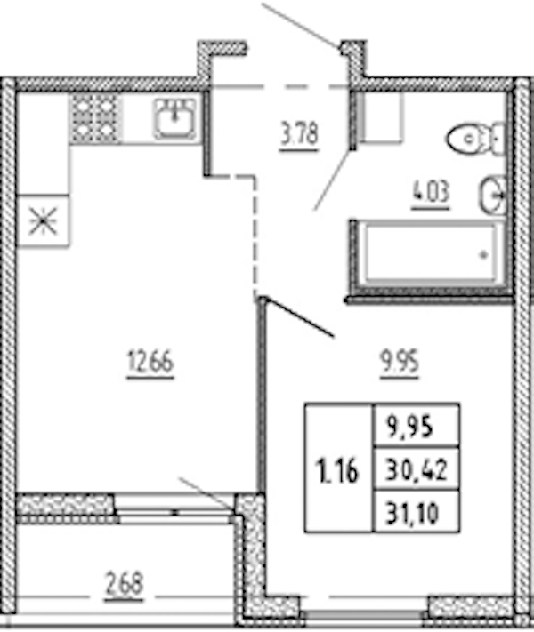 1-комнатная квартира 30.42 м², 9/22 эт., ЖК «Новые горизонты 2»